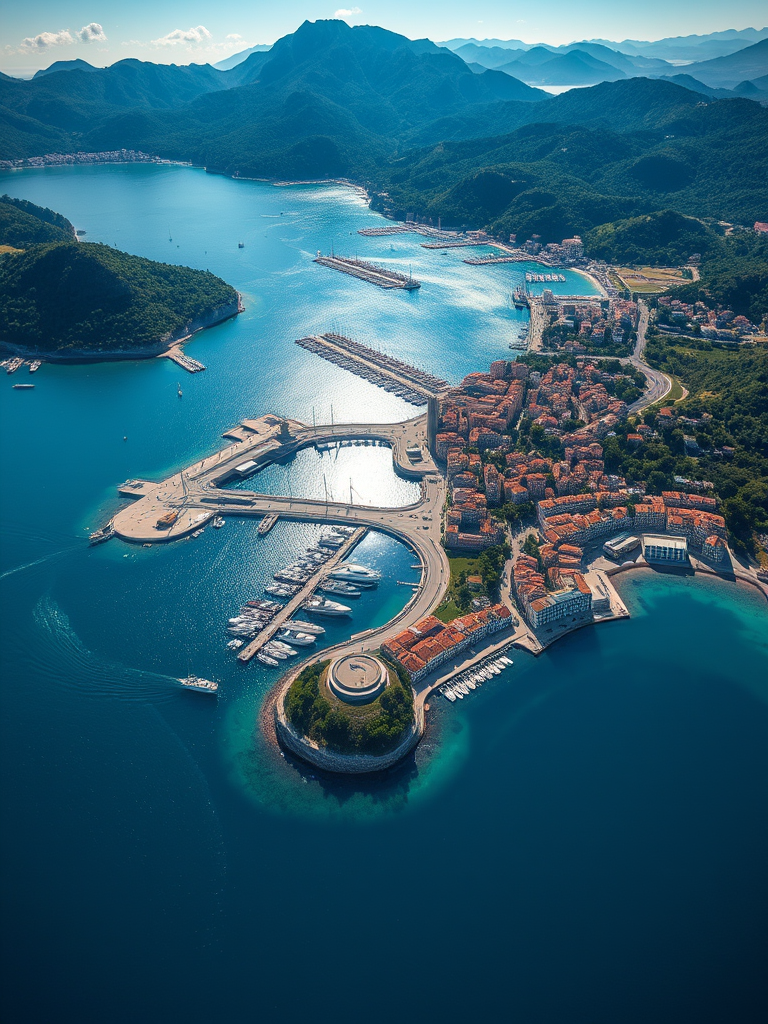 Create a hyper-realistic aerial view of a coastal city surrounded by mountains, showcasing a vibrant harbor filled with boats, lush greenery, and clear blue water, sunlight reflecting off the surface, using a DSLR camera with a 24mm lens, aperture set to f/11, ISO 100, and a high dynamic range setting to enhance detail and color vibrancy.