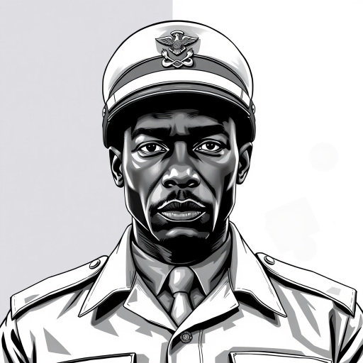 Create a high-contrast black and white illustration of a black military officer in uniform, captured from a frontal view, using a digital camera with f/8 aperture, ISO 100, 1/125 sec shutter speed, and a soft-focus lens to enhance details and clarity.