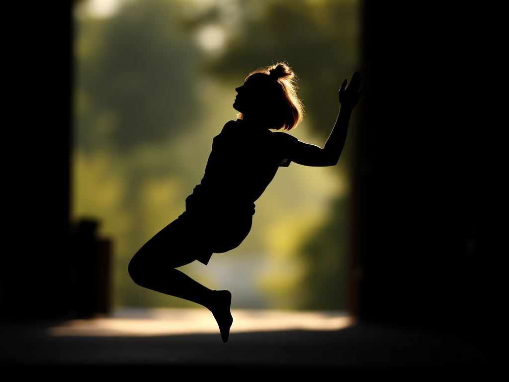 Generate a high-resolution image of a stylized silhouette of a person in a dynamic pose, shot with a DSLR camera at f/2.8, 1/500s, ISO 100, in soft natural light from the side, with a shallow depth of field and a bokeh background.