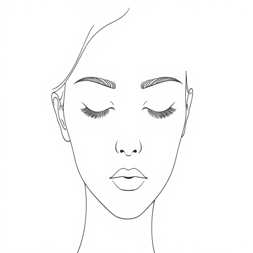 Create a minimalistic line art portrait of a serene female face with soft features and closed eyes against a light background, using a 50mm lens at f/1.8, ISO 100, and a shallow depth of field for a smooth, clean aesthetic.
