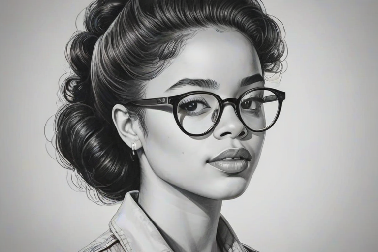Exquisite Ella Mai, pencil sketch, portrait of Fetching woman 1960s in glasses, hair style beatnik, outline, clear lines, fine lines, 8k