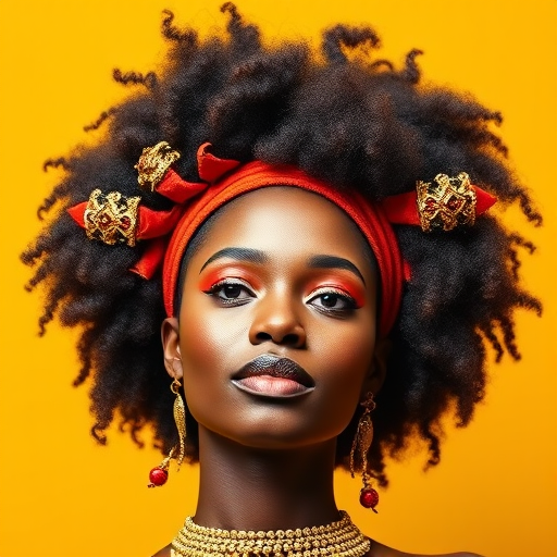 Generate a vibrant portrait of a woman with an elaborate afro hairstyle adorned with intricate accessories, set against a bright yellow background, captured with a DSLR camera at f/1.8 aperture, 50mm lens, low angle view, high saturation and contrast.