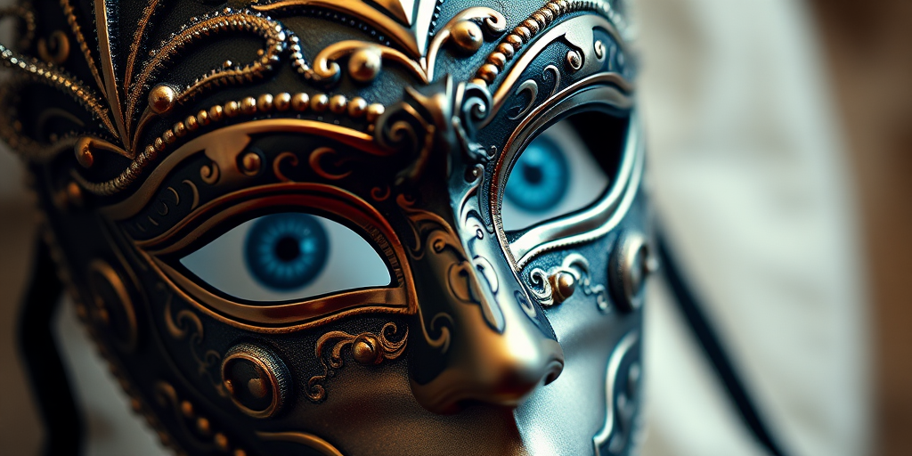 Create a high-resolution close-up of an ornate masquerade mask with intricate designs and blue eyes visible, using a DSLR camera set to f/2.8 aperture, ISO 100, and a shutter speed of 1/125 sec, shot at eye level with a soft focus background to enhance the mask's details.