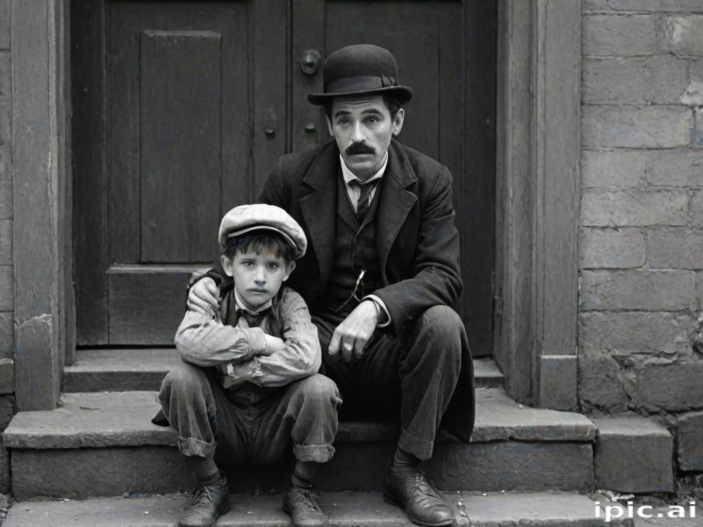 A black-and-white photograph of a man and a child sitting on steps in front of a doorway. The man is dressed as a tramp with a bowler hat, mustache, and ragged clothes, reminiscent of Charlie Chaplin's iconic look. He is sitting with his arms crossed and an expression of slight sadness or frustration. Next to him is a young boy, also in worn clothes and a cap, sitting with his hands clasped, looking thoughtful. The background is an old, textured wall and a partially open door, creating a vintage, early 20th-century atmosphere.