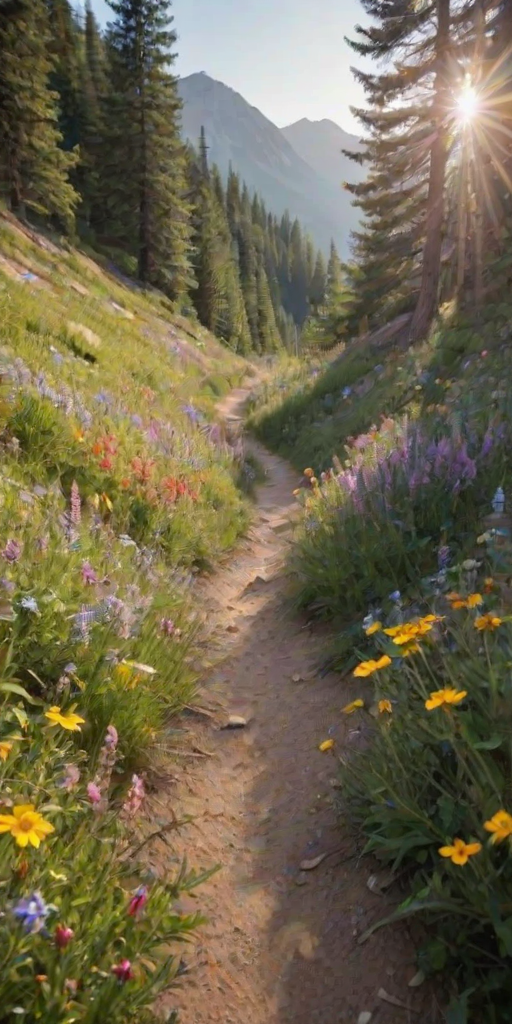 Soft-focus image of a picturesque mountain trail, with vibrant wildflowers lining the path, soft sunlight filtering through the trees, and a distant hiker softly blurred in the background.