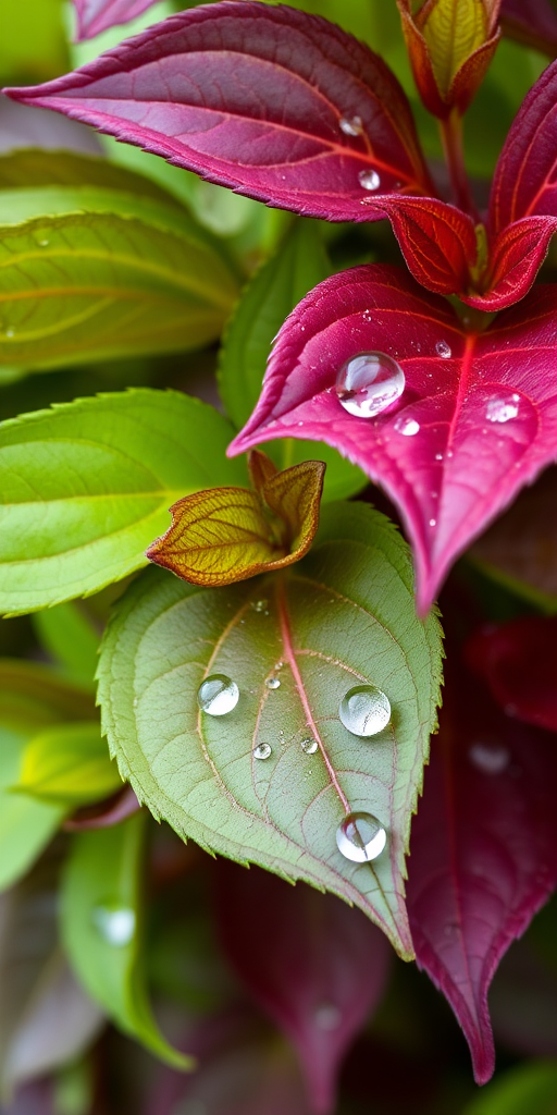 Capture a close-up of vibrant green and maroon leaves with dew droplets, using a DSLR camera at f/2.8 aperture, ISO 200, 1/200 second shutter speed, in natural light, with a shallow depth of field to blur the background, shot from a low angle to emphasize the leaves.