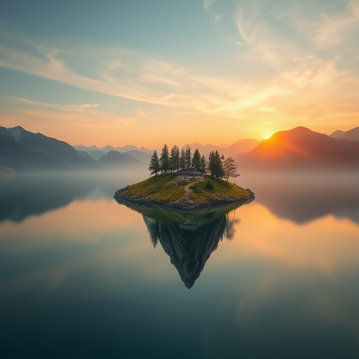 a surreal landscape featuring a floating island with a small house and trees, surrounded by mountains and a serene lake, at sunset, using a DSLR camera, 50mm lens, f/2.8 aperture, ISO 100, with a wide-angle perspective and high dynamic range to enhance image quality.