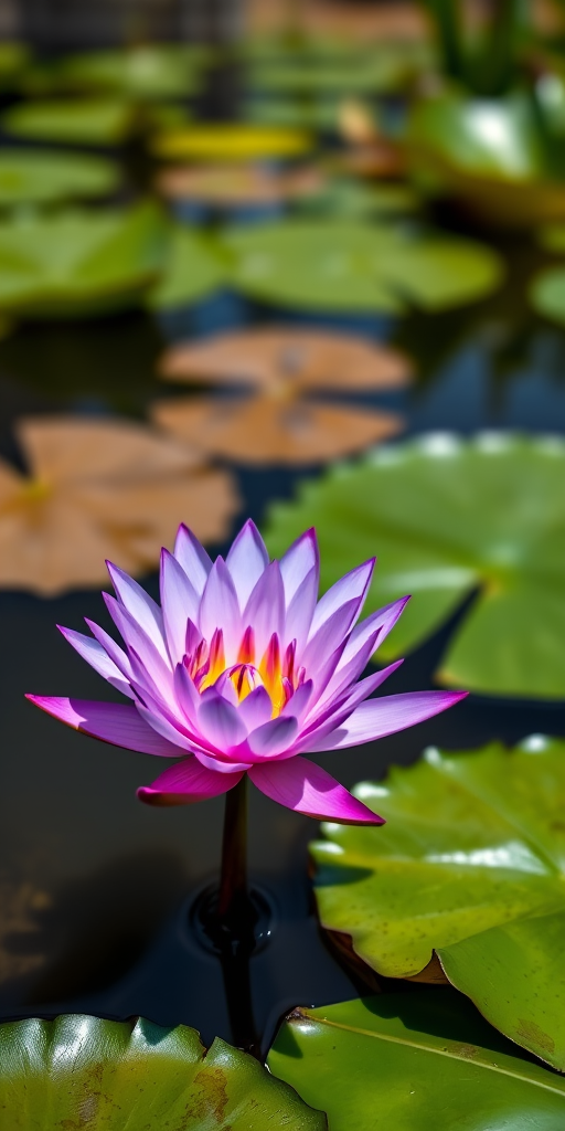 Capture a vibrant purple water lily with a yellow center growing in a serene pond surrounded by green lily pads, shot in natural daylight with a Canon EOS R5, 50mm f/1.2 lens, aperture set to f/2.8, ISO 100, and a shallow depth of field to create a soft background blur.