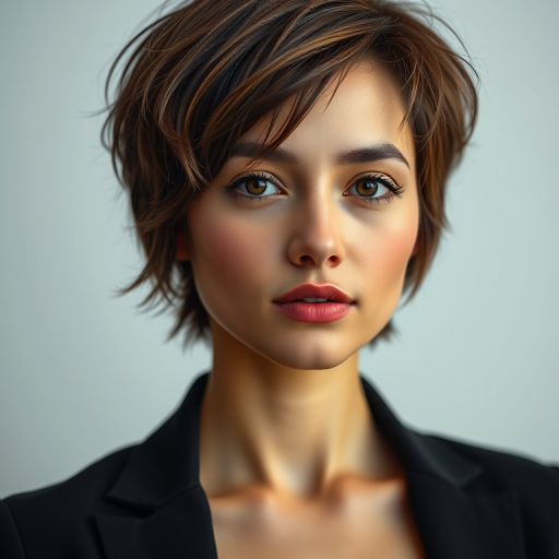 Portrait of a young woman with short, tousled hair wearing a black blazer, soft lighting, shallow depth of field, 50mm lens, f/1.8, ISO 100, captured with a DSLR camera in a studio setting.