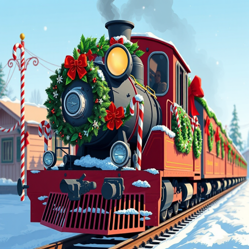 Create a vibrant illustration of a festive Christmas train adorned with holly and candy canes, using a Canon EOS R5 with an 85mm f/1.2 lens, shot from a slightly angled front view, in bright daylight to enhance color saturation and detail.