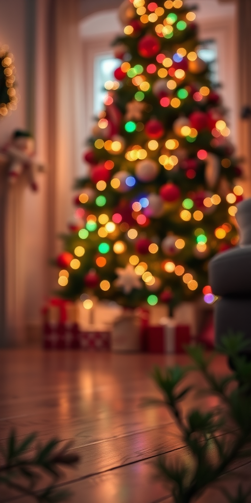Cozy holiday scene with a softly blurred Christmas tree adorned with colorful lights and decorations in the background warm wooden floor in the foreground subtle greenery and festive atmosphere.