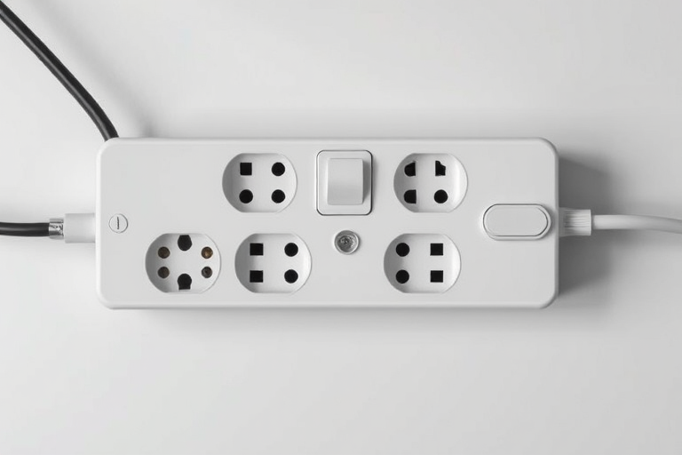 create a realistic image of a modern power strip with multiple sockets and a switch, using a DSLR camera with a 50mm lens, aperture f/2.8, ISO 100, shot from a top-down view, soft natural lighting to enhance details and colors