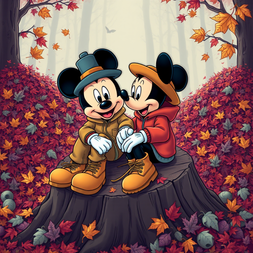 create a cartoon style of Mickey and Minnie wear Fall theme colored sweat suits with timberland boots and Bernie hats sitting together on a big tree stump surrounded by large color pile of raked leaves