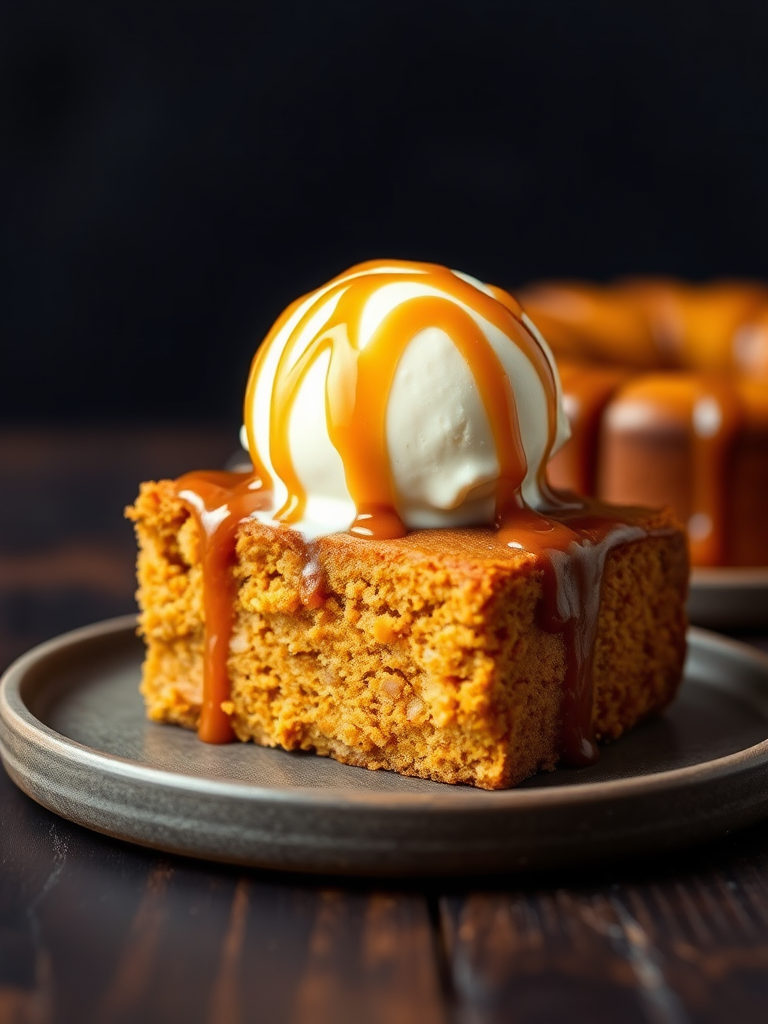 A slice of moist pumpkin cake topped with creamy vanilla ice cream and drizzled with rich caramel sauce, presented on a dark wooden surface with a blurred black background.