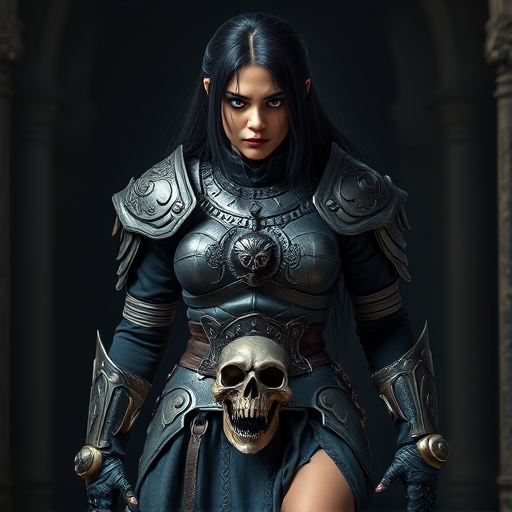 Create a photo of a fierce female warrior with long black hair, wearing an ornate, metallic armor. The armor includes a breastplate with intricate designs, shoulder guards, and gauntlets. The breastplate is decorated with a central emblem, possibly representing a mythical symbol, and has a sculpted, form-fitting design. She wears a belt with a large skull ornament at the center, and her armor extends into a partial skirt, revealing one leg. The overall look is both protective and stylish, with a dark, gothic aesthetic. The background is dimly lit, suggesting a medieval or fantasy setting, enhancing the warrior's imposing presence and intense expression.