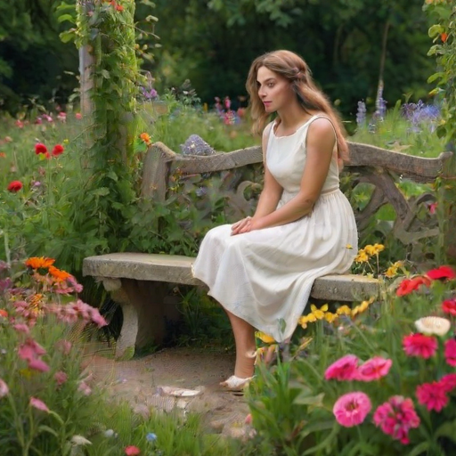 Overgrown garden filled with wildflowers, a woman in a simple white dress sits on an old stone bench, admiring the vibrant blooms, with butterflies flitting around her.