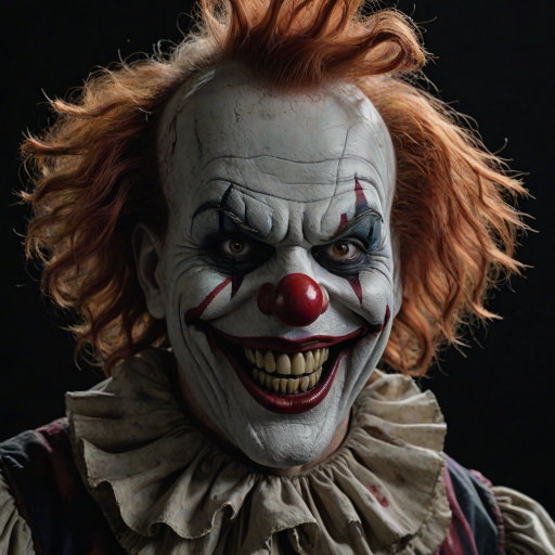 Create a hyper-realistic, dark, and eerie clown with a sinister smile, set against a black background. The clown should have exaggerated makeup with sharp, contrasting colors to enhance its menacing appearance. The overall atmosphere should be unsettling and intense, capturing a sense of horror and suspense