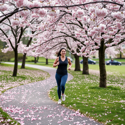 Bustling city park in spring, cherry blossoms in full bloom, a woman jogs along a winding path, the pink petals falling around her as she moves.