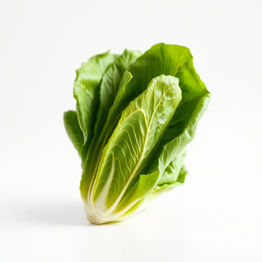 Create a high-resolution image of a fresh romaine lettuce against a clean white background, using a 50mm lens at f/2.8, ISO 100, with soft natural lighting from the left and a shallow depth of field to enhance detail and texture.