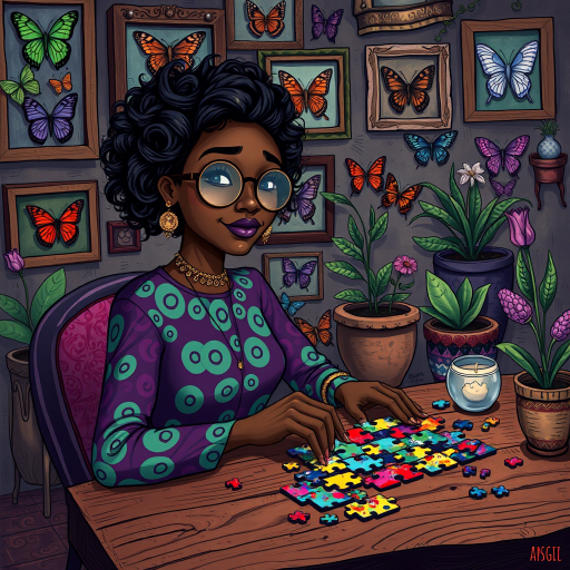 A vibrant and whimsical illustration of an african american woman sitting at a table working on a colorful jigsaw puzzle. she is wearing round glasses, and patterned clothing in shades of purple and green.  The background features an eclectic collection of framed butterflies, potted plants, and other natural elements, creating a warm and inviting atmosphere. The style is playful and modern, with rich textures, intricate details, and a lively color palette.