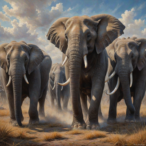 vivid colourful hyper-realistic Oil Painting. a charging group of many large angry elephants. A huge dominating bull elephant leads with huge white tusks ears. Includes a  baby elephant.  Lots of swirling dust whirling around them rising high and being kicked by their feet. Dark dramatic blue-grey fills the sky with warm breaking through. Colourful oil painting style. dry grass on the ground on each side. dark soft graduated band across top of picture. Warm colour. Art Look added in Topaz.