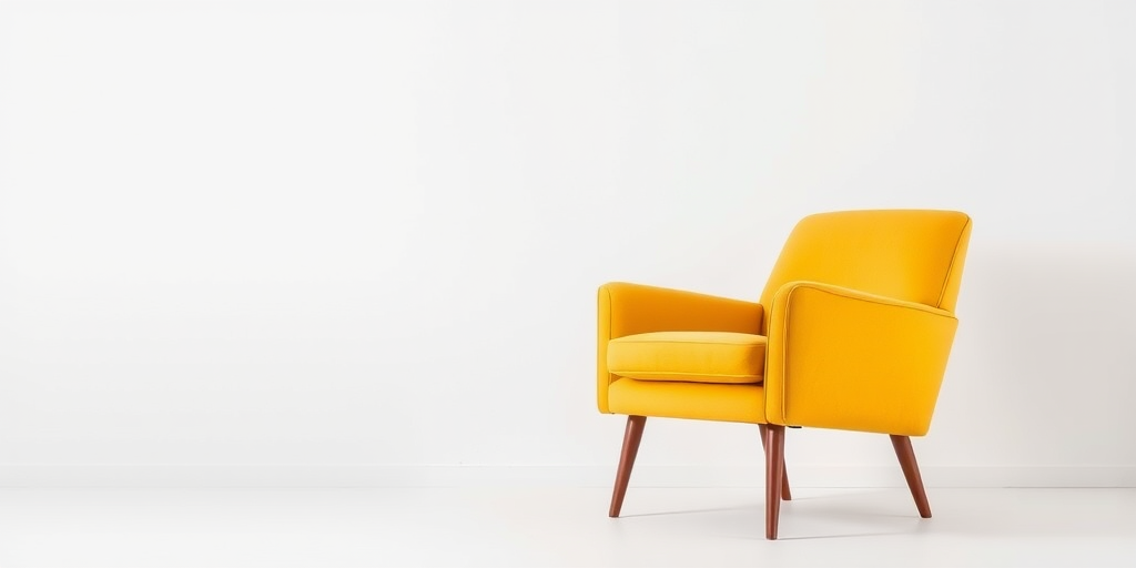 Create a visually appealing high-resolution image of a stylish yellow chair against a white background, captured with a DSLR camera at f/2.8 aperture, 50mm lens, and ISO 100, using soft lighting to enhance texture and color.