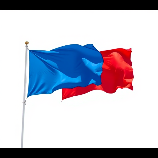 Create a high-resolution image of two waving flags, one blue and one red, with a white background, captured with a Canon EOS R5, 24mm lens, f/8 aperture, ISO 100, in bright natural light, from a slightly low angle perspective for added depth.