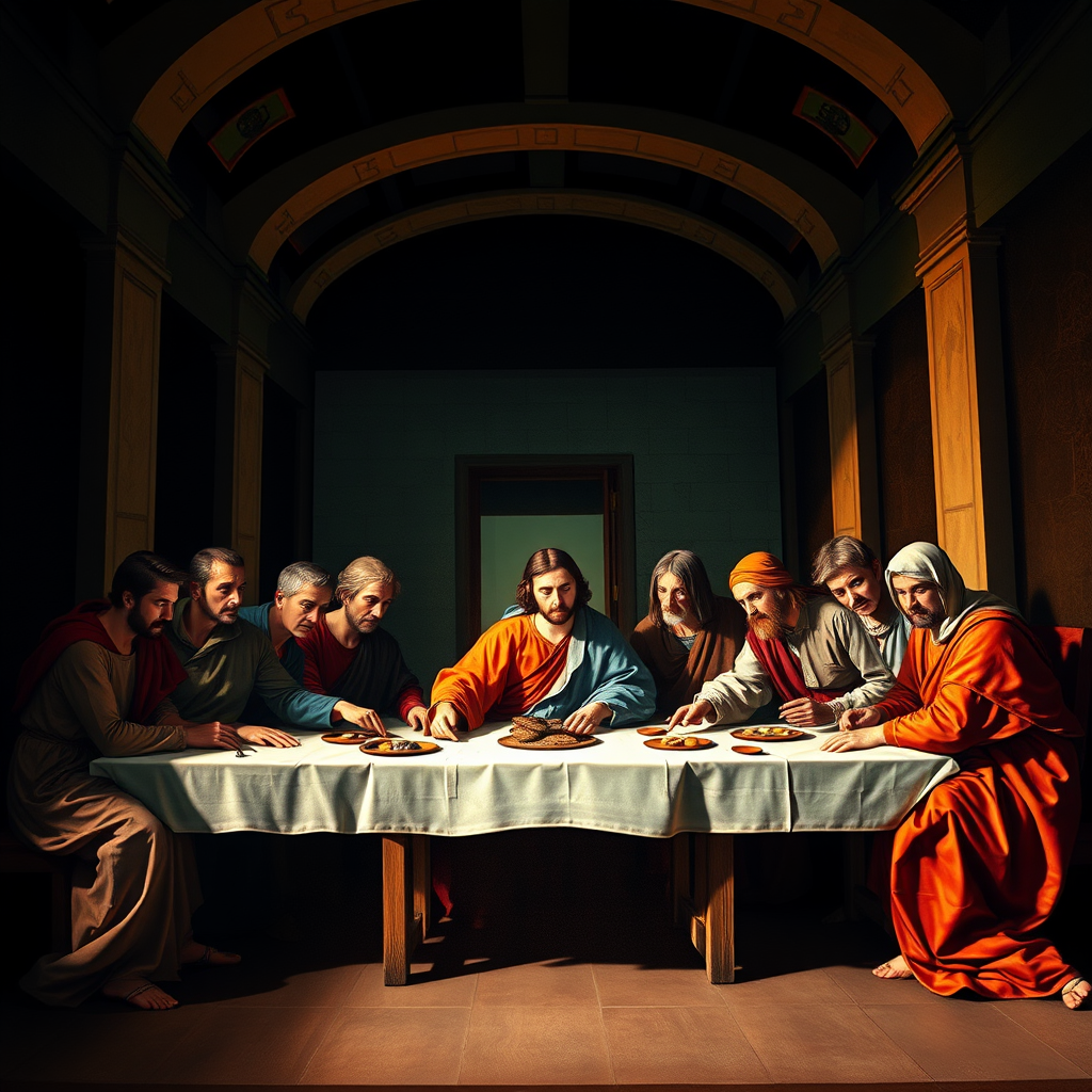 Regenerate an artistic representation of The Last Supper with vibrant colors and high detail, using a Canon EOS R5, ISO 100, f/4, 1/60s, wide-angle lens at 24mm, soft natural lighting to enhance shadows and highlights.