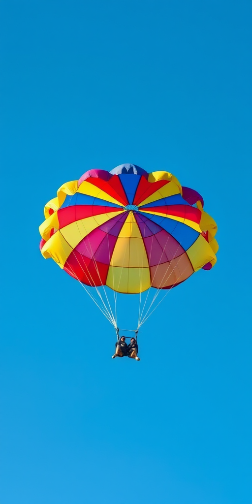 A close-up shot of a colorful parachute in a clear blue sky, using a DSLR camera with a 50mm lens, aperture set to f/8, shutter speed of 1/1000s, ISO 100, capturing vibrant colors and details against the backdrop of the sky.