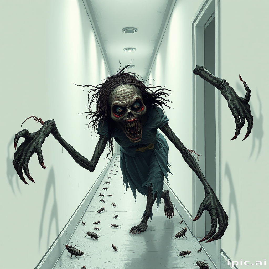 a crooked woman with long arms and a creepy smile is crawling along a long white corridor and you can also see cockroaches in it there is a creepy atmosphere creepy art style