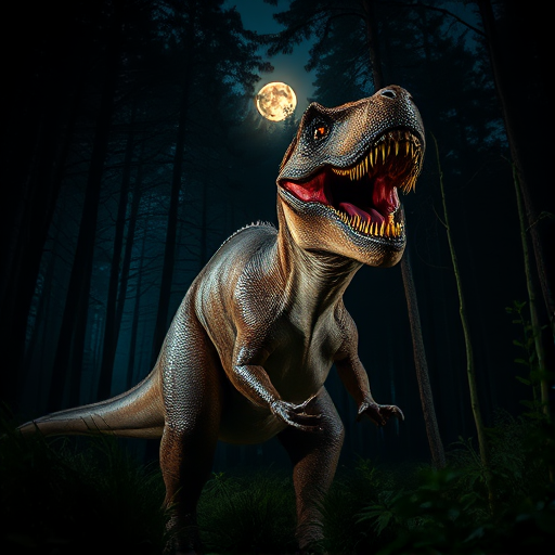 Create a high-resolution image of a roaring dinosaur in a dense, dark forest with soft moonlight filtering through the trees, using a DSLR camera with an aperture of f/2.8, ISO 400, and a focal length of 50mm, shot from a low angle to emphasize the dinosaur's size and power, in vivid detail with high dynamic range.