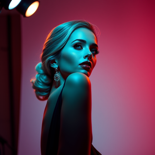 Studio portrait, female model, elegant couture dress, bold makeup, dramatic lighting, Utilize a 50mm portrait lens for crisp details and a soft background blur, 8k
