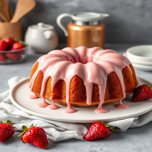 A beautifully decorated pink bundt cake with a glossy icing dripping down the sides placed on a white plate with a light gray cloth underneath fresh strawberries on the side and a blurred background of kitchen items and a gray backdrop
