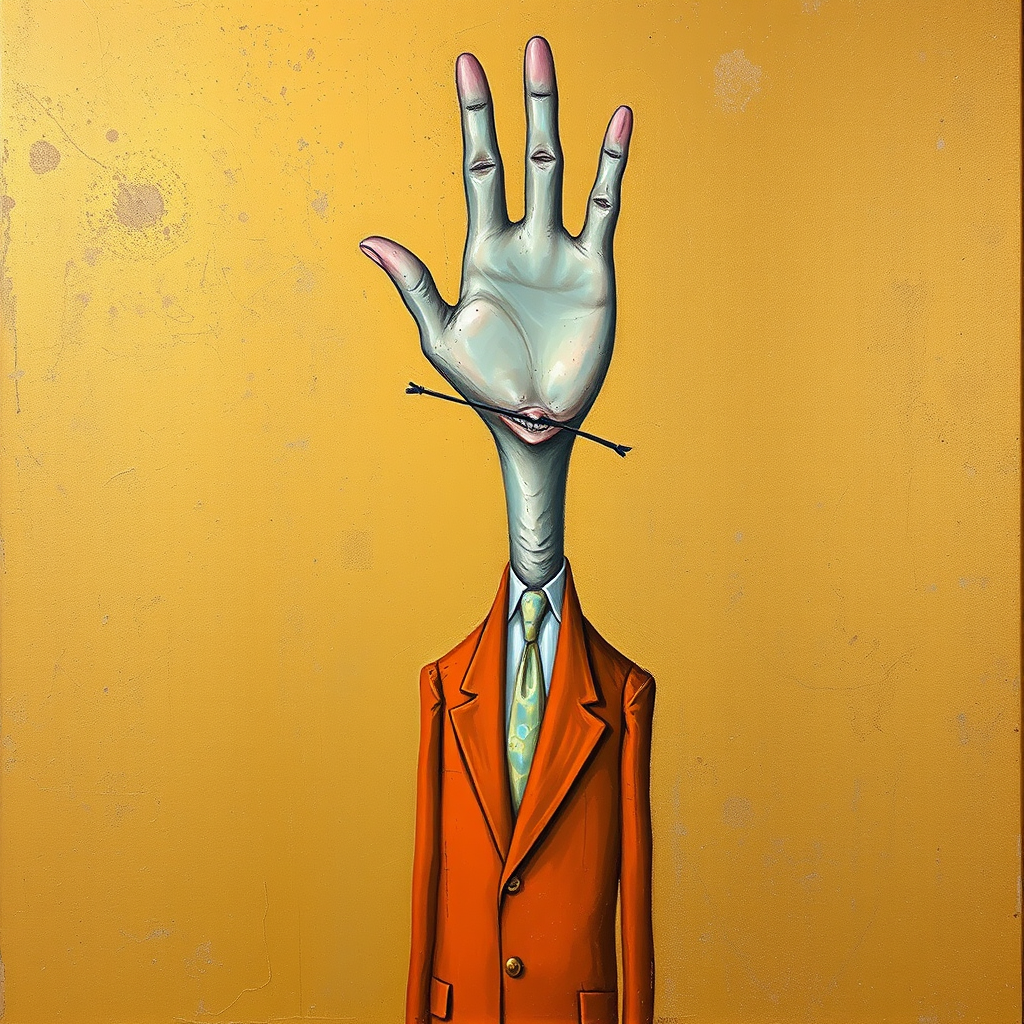A quirky abstract impressionist painting of a tall, slender figure with a big hand for a head . The hand takes up most of the "head" area. The figure is dressed in a orange suit with a mother-of-pearly tie. It stands against a mottled golden background.  Surrealist, realistic textures, , creative, Klimt, diswashed, Aging effects, grainy