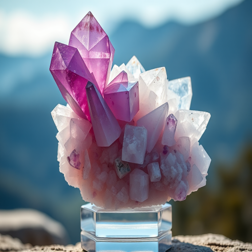 Create a highly detailed image of a crystalline structure with sharp, reflective edges and various hues of purple and white, placed on a sleek glass base, captured with a Canon EOS R5, 50mm lens, aperture f/1.8, ISO 100, in soft natural light with a shallow depth of field to enhance the intricacies of the crystals against a blurred mountainous backdrop.