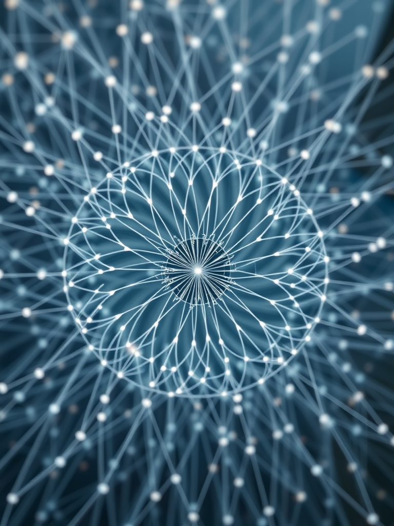 Create a high-resolution abstract visualization of interconnected lines and nodes forming a circular pattern, captured with a DSLR camera at f/8 aperture, ISO 100, 50mm lens, and a shallow depth of field to enhance focus on the center, shot from a top-down aerial view.