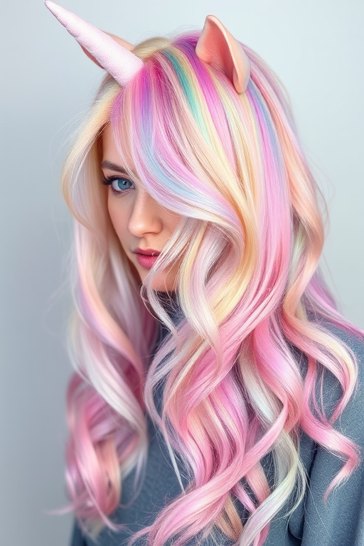 Whimsical rainbow pastel mane called "Unicorn Dreams" with long layered cut, soft multicolored hues blending seamlessly, loose beachy waves throughout, face-framing tendrils in various pastel shades, magical iridescent sheen