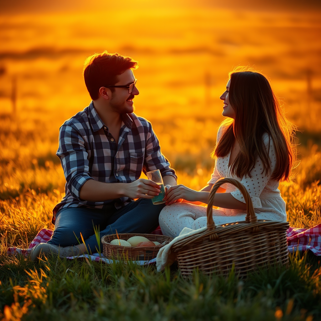Warmly lit image of a couple sharing a picnic in a meadow at sunset, soft golden light casting long shadows on the grass, with a wicker basket and blanket scattered with food and drinks nearby.