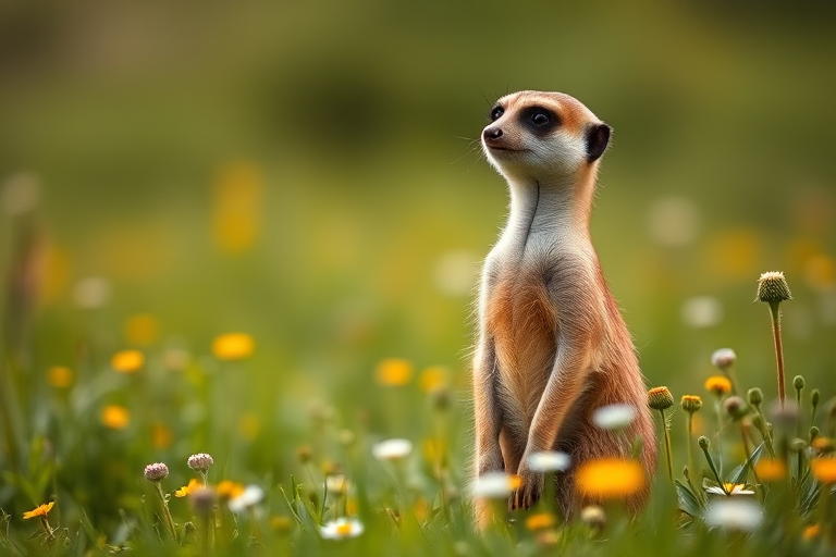 A meerkat standing in a lush green field with wildflowers, captured in soft focus with a shallow depth of field, using a DSLR camera with a 50mm lens at f/2.8, ISO 200, and a shutter speed of 1/500s, in natural light.