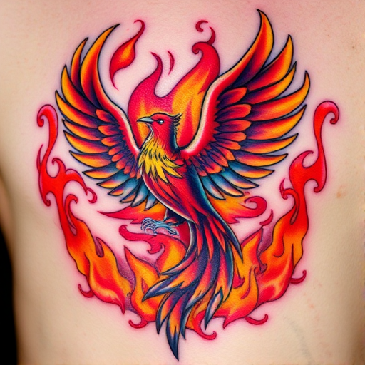 Powerful "Phoenix Rising" tattoo depicts a majestic firebird emerging from vibrant flames. Rich reds, oranges, and golds create a sense of heat and rebirth, while touches of turquoise and purple add depth and interest. Intricate feather details and swirling smoke effects showcase the artist's skill in creating a dynamic and symbolic piece.