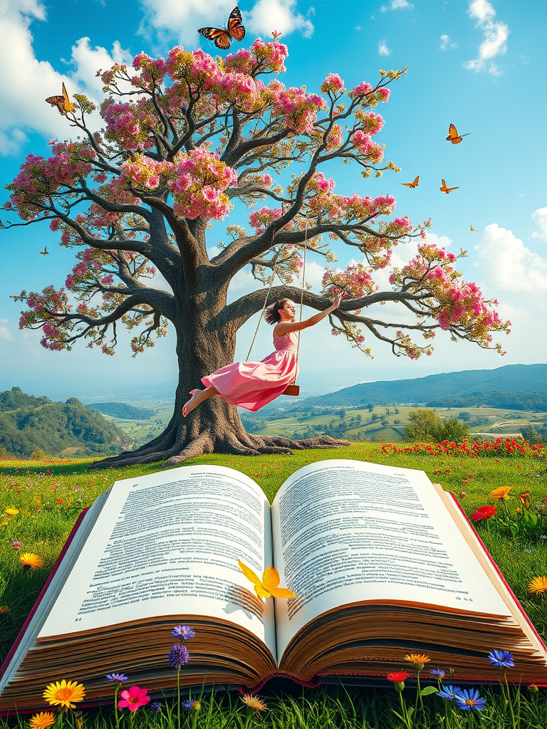 Create an enchanting scene of a large open book in a vibrant landscape featuring a magical tree and a young woman in a pink dress swinging, with colorful flowers and butterflies, captured with a DSLR camera at f/2.8, ISO 100, 24mm lens, in a wide-angle view for depth and clarity.