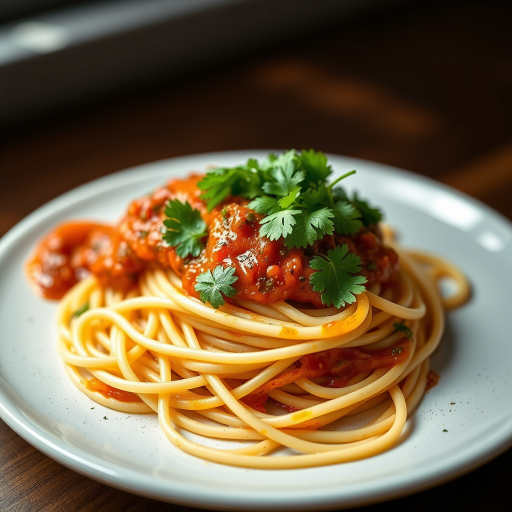 create a detailed, high-resolution image of a plate of spaghetti with a rich sauce topped with fresh cilantro, shot with a Canon EOS R5, 50mm lens, aperture f/2.8, ISO 200, natural light from the side to enhance texture and color, in a shallow depth of field focusing on the dish