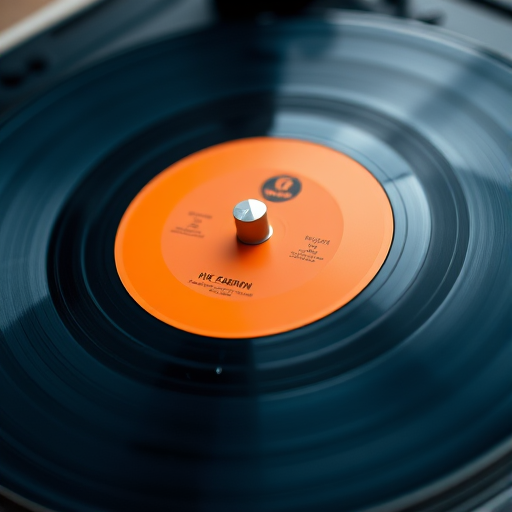 Create a close-up shot of a spinning vinyl record on a turntable with a focus on the vibrant orange label, using a DSLR camera with a 50mm lens at f/1.8 aperture, 1/250 sec shutter speed, ISO 100, natural lighting to enhance the mood and detail.