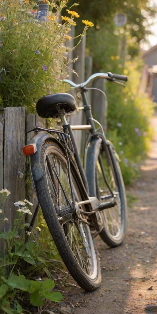 Soft-focus image of an old bicycle leaning against a weathered wooden fence in a quiet village, soft afternoon light illuminating the scene, with wildflowers growing along the fence.