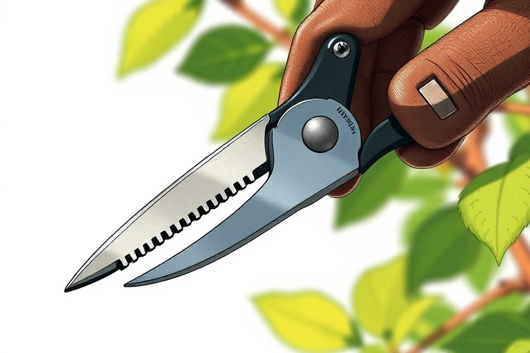Create a high-resolution illustration of hand pruners, focusing on a side view with detailed shading and texture, using a Canon EOS R5 with an aperture of f/2.8, ISO 100, and a 50mm lens for sharpness and depth of field.