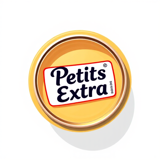 Create an illustration of an open canister with a label reading "Petits Extra," using a high-resolution vector style, ensure sharp edges, vibrant colors, and a white background; camera settings: ISO 100, f/11, 1/250 sec, camera view: top-down, camera style: minimalist, camera type: digital art software.