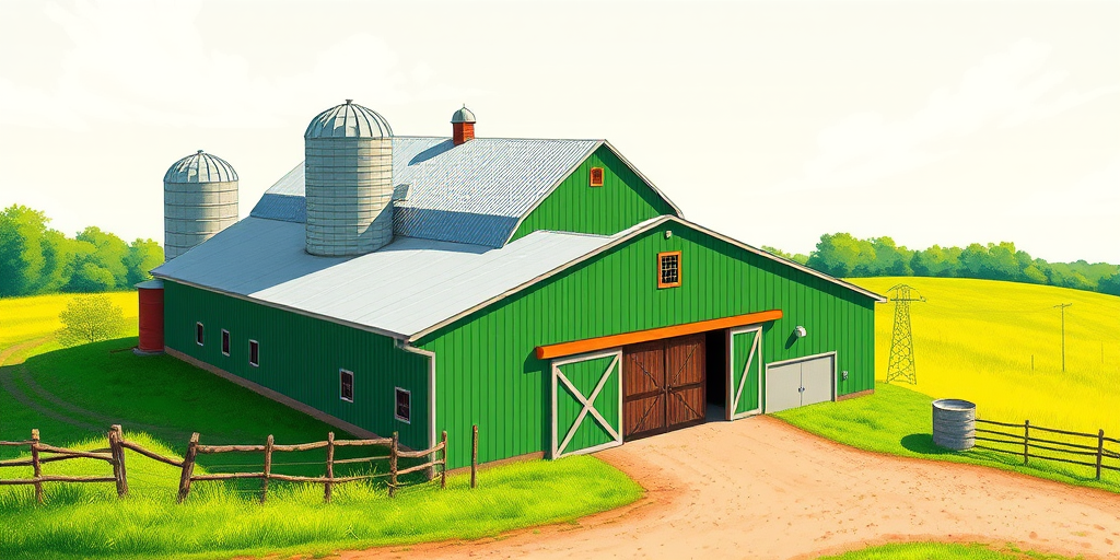 Create a vibrant digital illustration of a green barn with a silos in a farm setting, captured with a DSLR camera at f/2.8, ISO 100, 24mm lens, top-down view, in a bright daylight style to enhance detail and color quality.