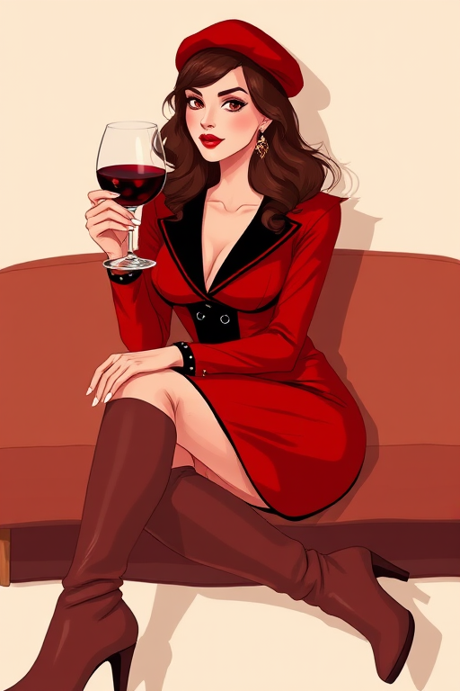 Create an illustration of a stylish woman sitting with a glass of red wine, wearing a red beret, a stylish red and black dress, and knee-high brown boots, shot from a close-up angle with soft lighting, using a digital art style.