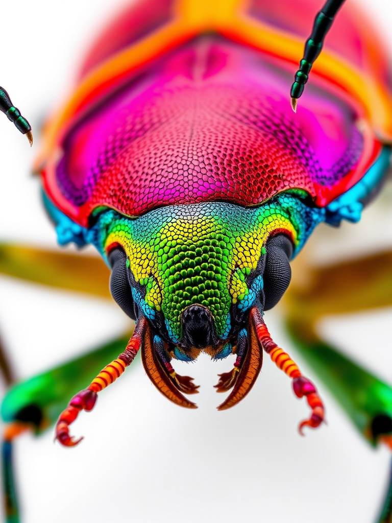 Create a high-resolution digital illustration of a colorful beetle, using a DSLR camera with a macro lens at f/4 aperture, 1/200 sec shutter speed, ISO 100, centered composition with vibrant colors and detailed textures.