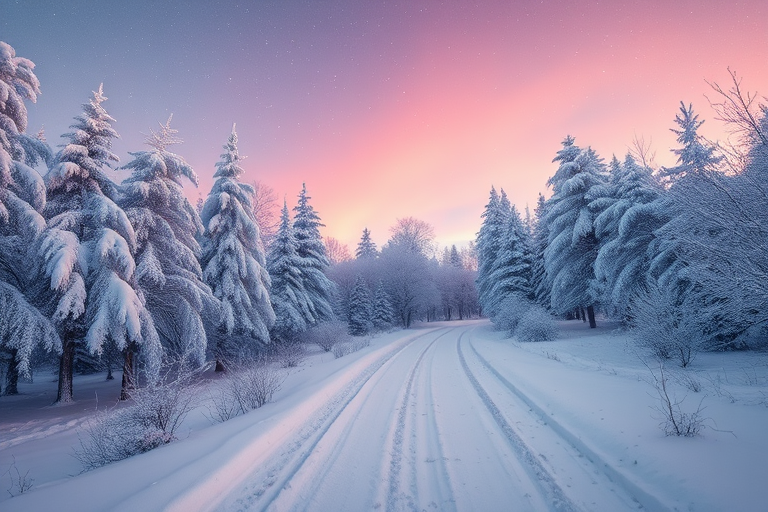 Create a serene winter landscape featuring a winding path through snow-covered trees illuminated by soft pink and blue hues under a starry sky, captured with a Canon EOS R5 at f/8, ISO 100, 24mm lens, using a long exposure style to enhance light and detail.